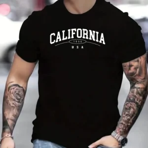 Camiseta Masculina preta California 100% Algodão 30.1 Penteado